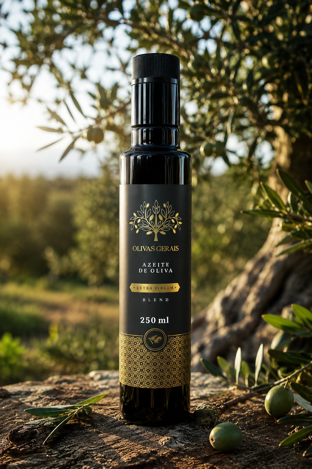 Olivas Gerais bottle photographed outdoors, framed by olive branches.